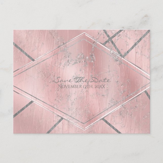 Rosa & Silver Satin Glitter Glam Rädda Datum Meddelande Vykort (Framsida)