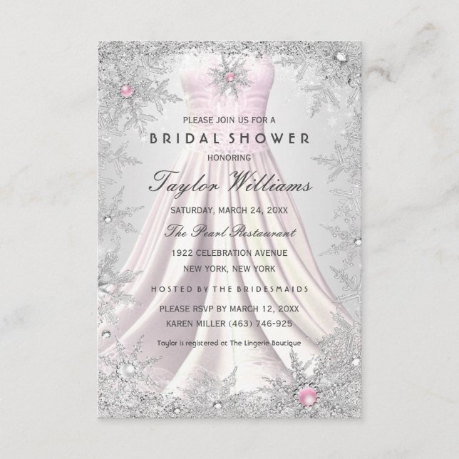 Rosa silver smyckes snöflinga bröllopsdusch klänni OSA kort (Framsida)