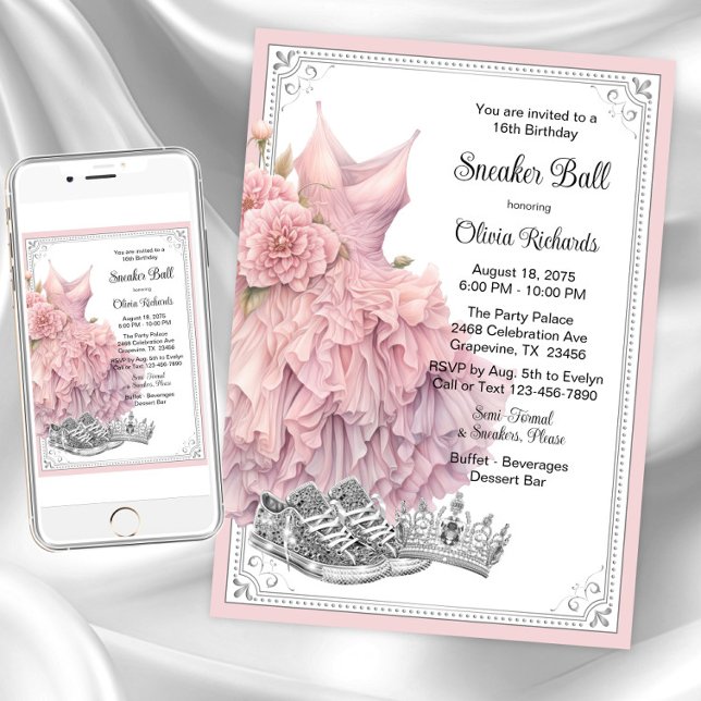 Rosa Silver Sneaker Boll Födelsedagsfest Inbjudningar (Pink silver sneaker ball invitation. Instant download and printed invitations available.)