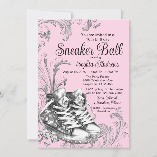 Rosa Silver Sneakerbal  Inbjudningar (Framsida)