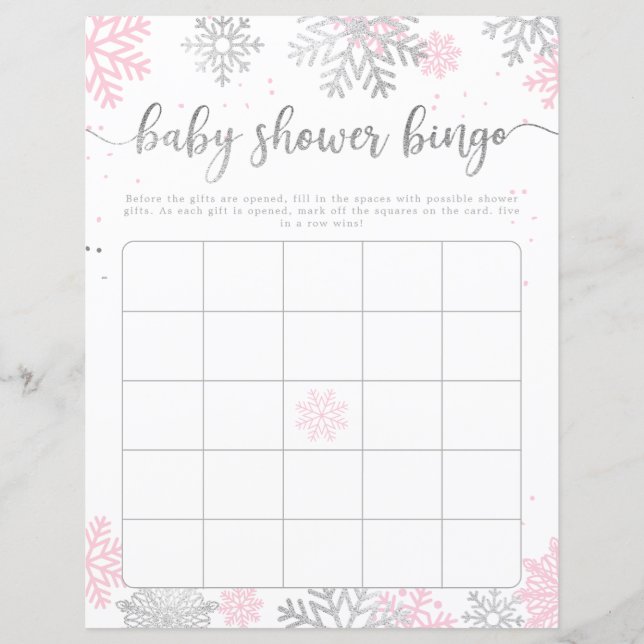 Rosa Silver Snöflingor Baby Shower Bingo Game (Framsida)