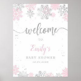 Rosa Silver Snöflingor Baby Shower Välkommen Poster