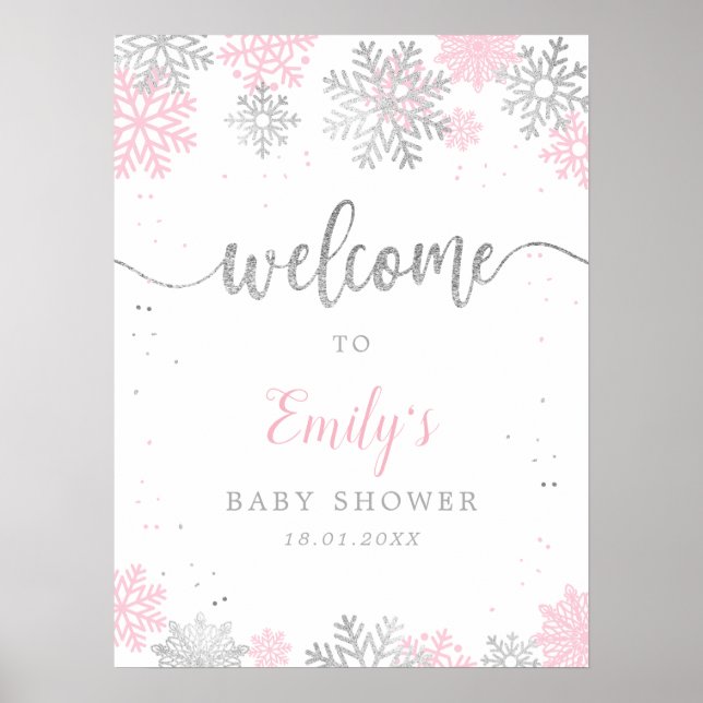 Rosa Silver Snöflingor Baby Shower Välkommen Poster (Framsidan)