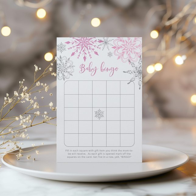 Rosa silver snöflingor babyduschbingo-spel för bab (Skapare uppladdad)