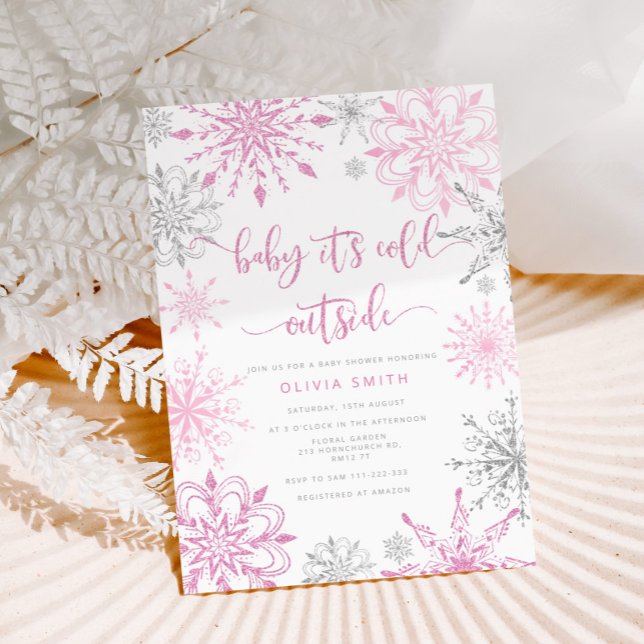 Rosa silver snöflingor vinterbarndusch för barn i  inbjudningar (Skapare uppladdad)