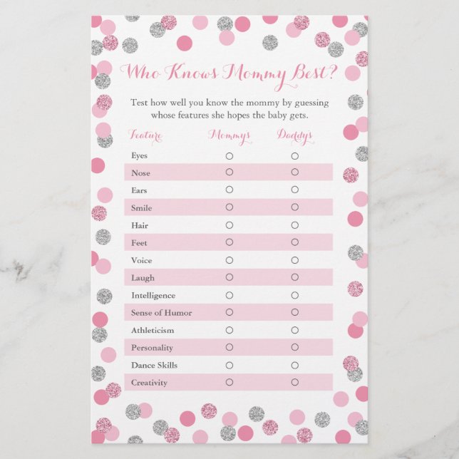 Rosa Silver som känner Mamma Best Baby Shower Game (Framsida)