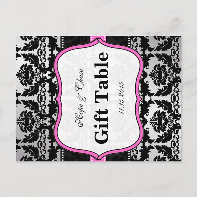 Rosa Silver & Svart Damask Bordskort (Framsida)