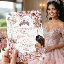 Rosa silver tiara blommande fjäril Quinceañera