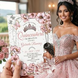 Rosa silver tiara blommande fjäril Quinceañera Inbjudningar