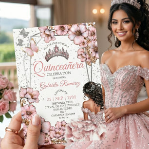 Rosa silver tiara blommande fjäril Quinceañera Inbjudningar