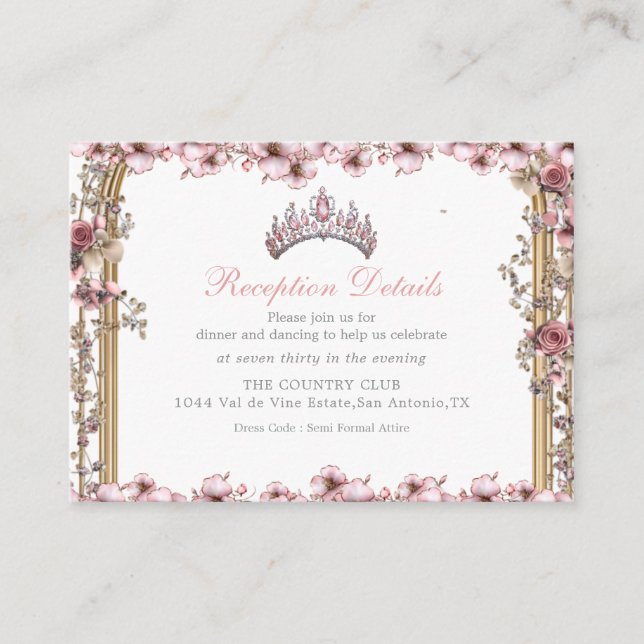 Rosa silver tiara blomster quinceañera tillbehörsk tilläggskort (Framsida)