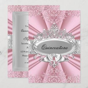 Rosa/Silver Tiara & Damask Quinceanera 15-årsfest Inbjudningar