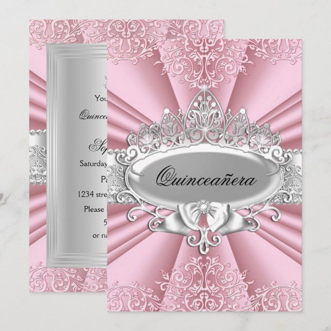 Rosa/Silver Tiara & Damask Quinceanera 15-årsfest Inbjudningar (Fram/baksida)