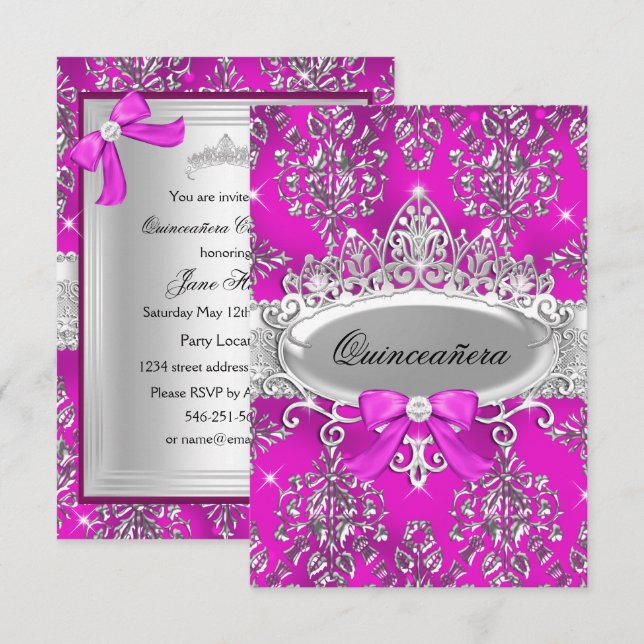 Rosa Silver Tiara Damask Quinceanera Inbjudan (Fram/baksida)