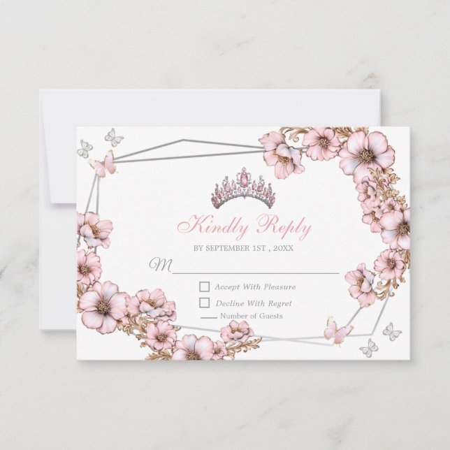 Rosa Silver Tiara Fjäril Quinceañera OSA Kort (Framsida)