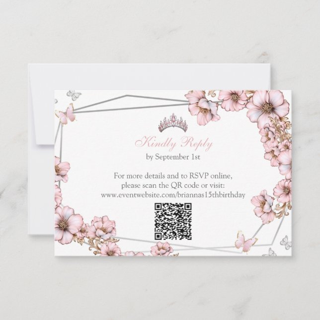 Rosa Silver Tiara Fjäril Quinceañera OSA Kort (Framsida)