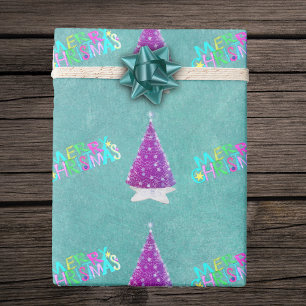 Rosa Silver Träd Färgfläckig God jul Teal Presentpapper