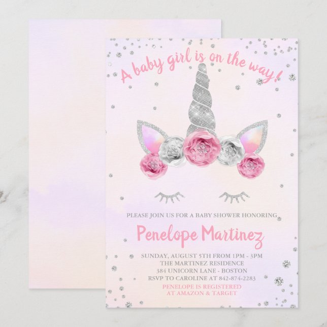 Rosa Silver Unicorn Ansikte Baby Shower-inbjudan Inbjudningar (Fram/baksida)