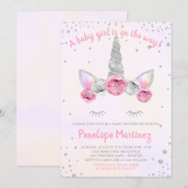 Rosa Silver Unicorn Ansikte Baby Shower-inbjudan Inbjudningar
