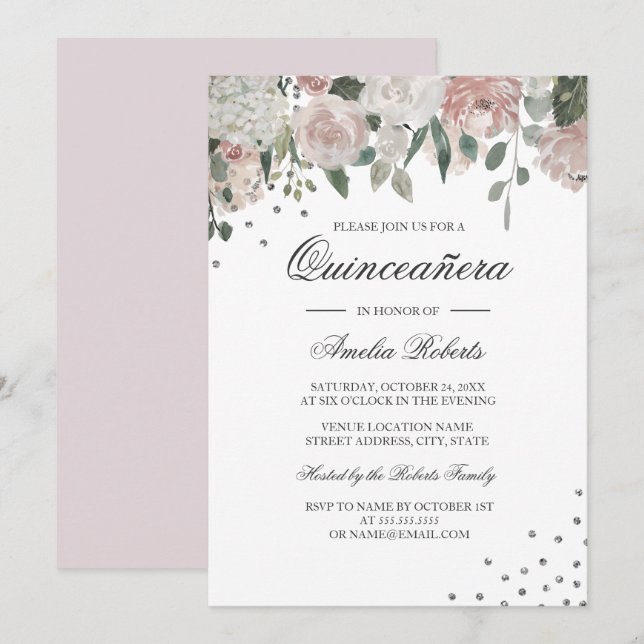 Rosa Silver vattenfärg Blommig Quinceanera Inbjudningar (Fram/baksida)