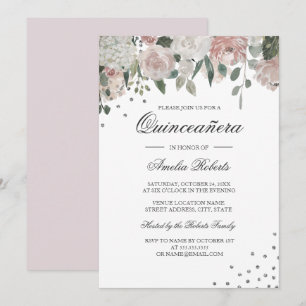 Rosa Silver vattenfärg Blommig Quinceanera Inbjudningar