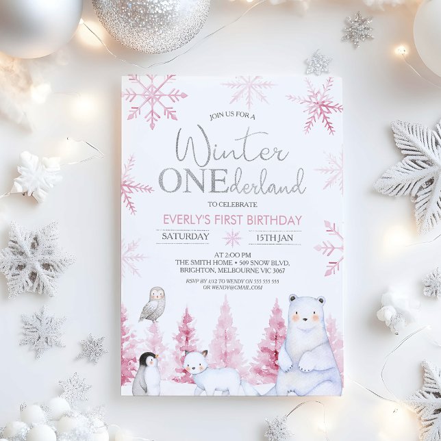 Rosa Silver Vinter Djur Onederland Födelsedag Inbjudningar (Winter Onederland Birthday Invitations Girl, Arctic Animals Winter Onederland Invitation, Pink )