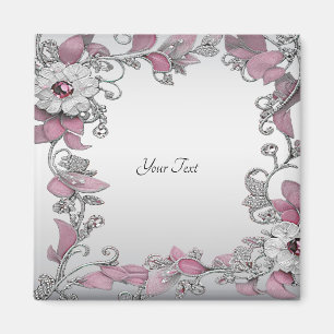 Rosa Silver Vit Blommig Magnet
