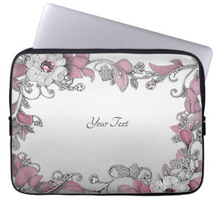 Rosa Silver Vita Blommigten Laptop sleeve