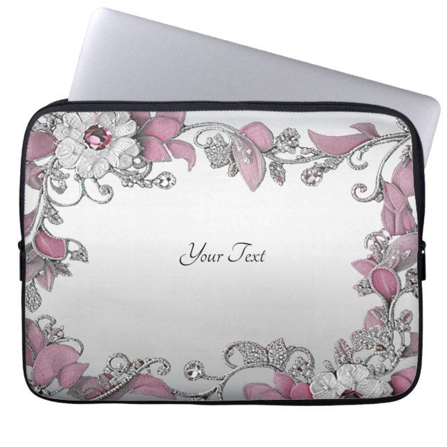Rosa Silver Vita Blommigten Laptop sleeve (Framsidan)