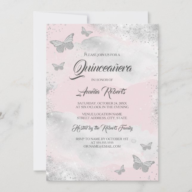 Rosa Silver Watercolor Butterfly Dress Quinceanera Inbjudningar (Framsida)