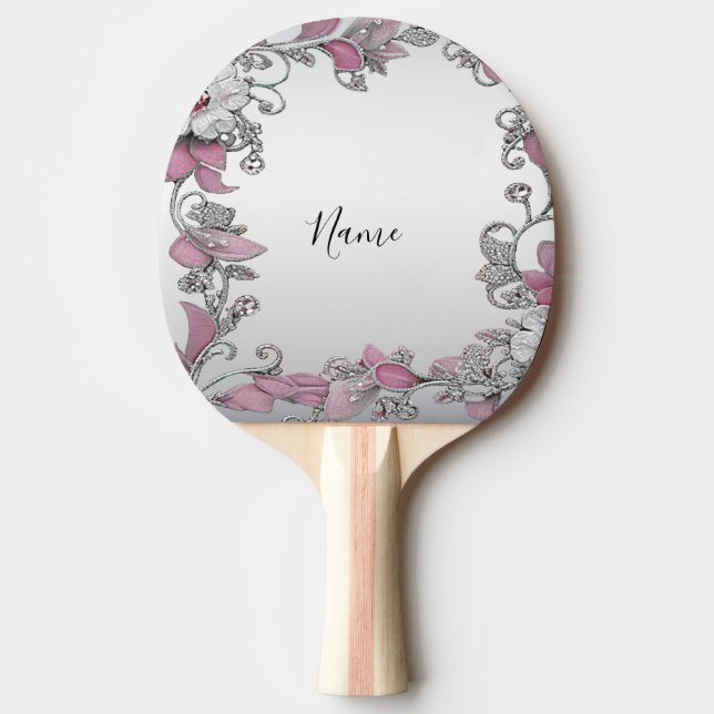 Rosa Silver White Blommigt Ping Pong Paddle Pingisracket (Framsidan)