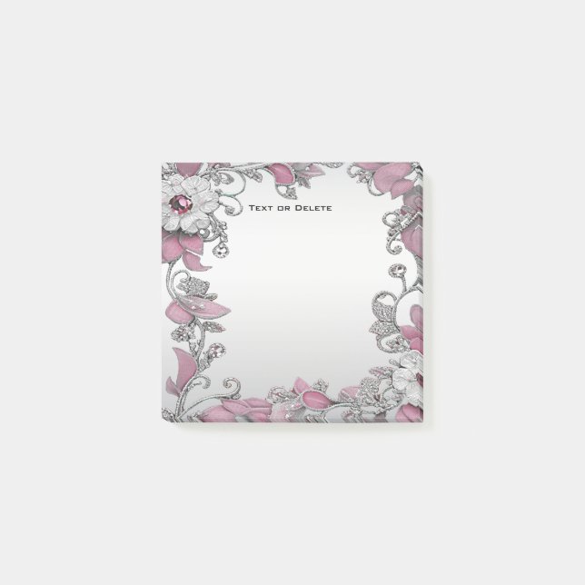 Rosa Silver White Blommigt Post it Notes Post-it Block (Framsida)