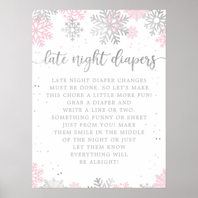 Rosa Silver Winter Late Night Diaper Baby Shower Poster (Framsidan)