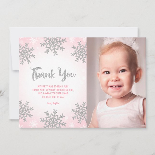 Rosa Silver Winter ONEderland Birthday Photo Tack Kort (Framsida)