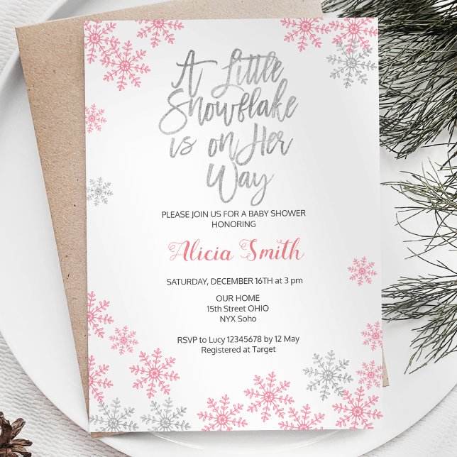 Rosa Silver Winter Wonderland Girl Baby Shower Inbjudningar (Skapare uppladdad)