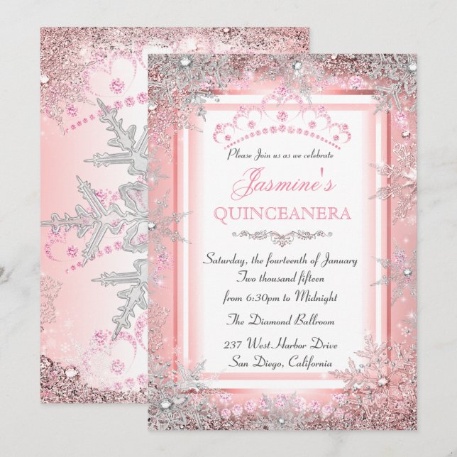 Rosa Silver Winter Wonderland Quinceanera Party Inbjudningar (Fram/baksida)
