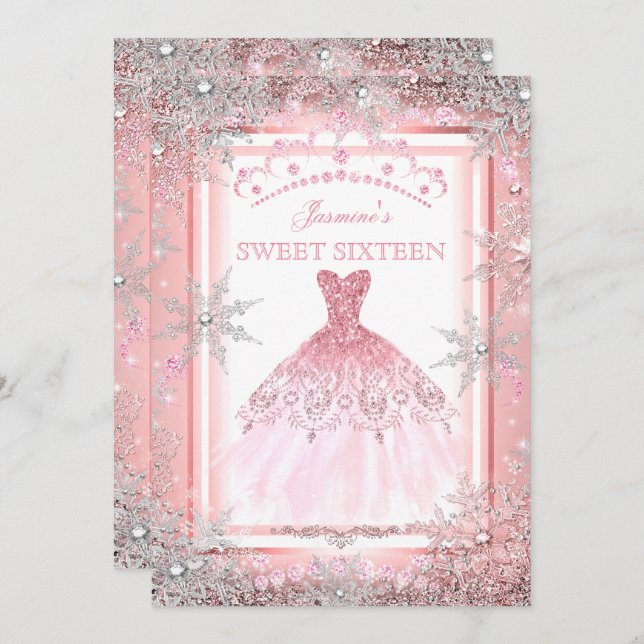 Rosa Silver Winter Wonderland Sweet 16 Birthday Inbjudningar (Fram/baksida)