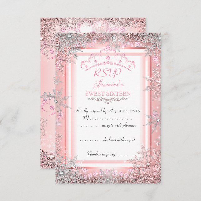 Rosa Silver Winter Wonderland Sweet 16 Party OSA Inbjudningar (Fram/baksida)