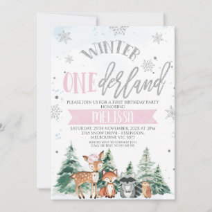 Rosa Silver Woodland Onederland första födelsedage Inbjudningar