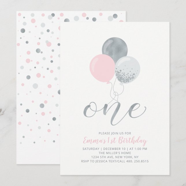 Rosa & Silverballonger | En 1-års flickas födelsed Inbjudningar (Fram/baksida)