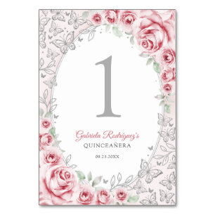 Rosa silverblommig Quinceanera Bordsnummer