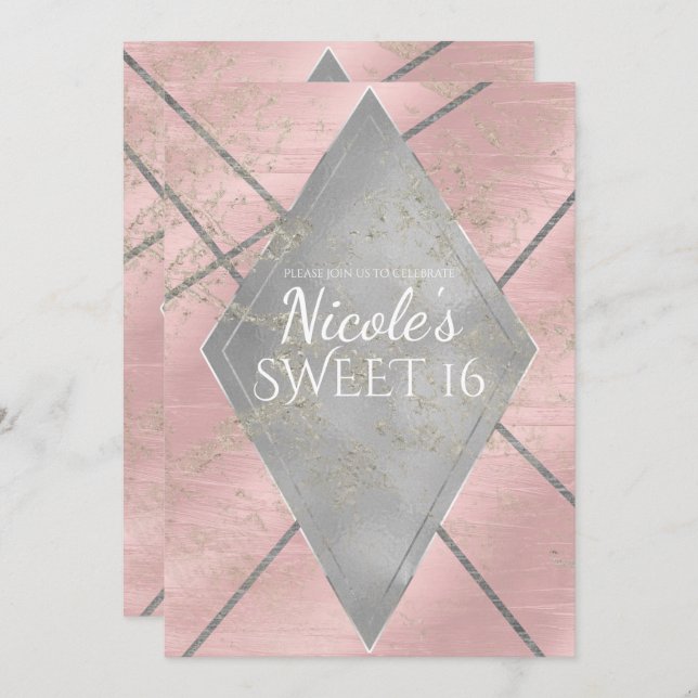 Rosa Silverdiamant Glamour Söt 16 FEST VALFRI TILL Inbjudningar (Fram/baksida)