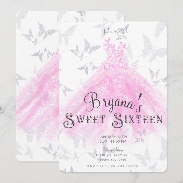Rosa Silverfjäril Dansdräkt Sweet 16-festklänning Inbjudningar (Fram/baksida)