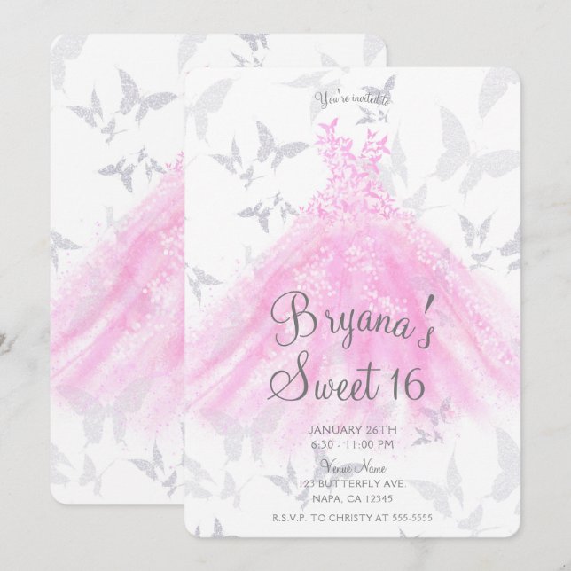 Rosa Silverfjäril Dansdräkt Sweet 16 Festklänning Inbjudningar (Fram/baksida)