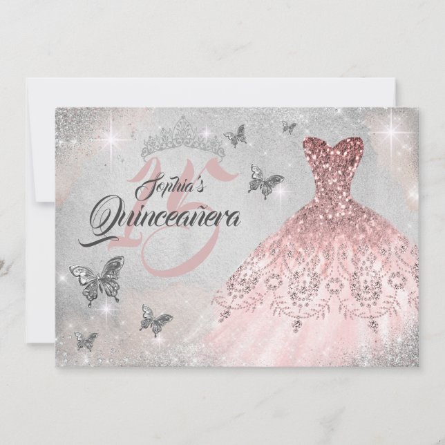 Rosa Silverfjäril Glitter Klänning Quinceanera Inbjudningar (Framsida)