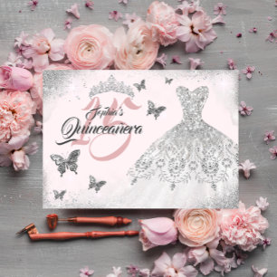 Rosa Silverfjäril Glittrande Klänning Quinceanera Inbjudningar