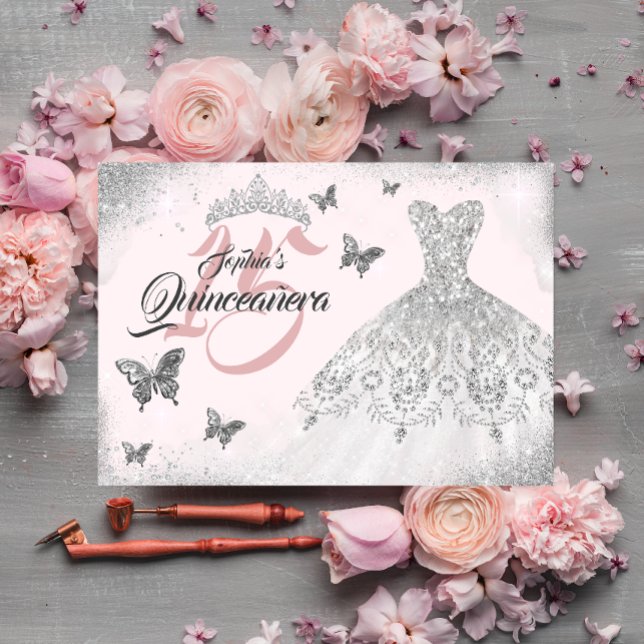 Rosa Silverfjäril Glittrande Klänning Quinceanera Inbjudningar (Skapare uppladdad)