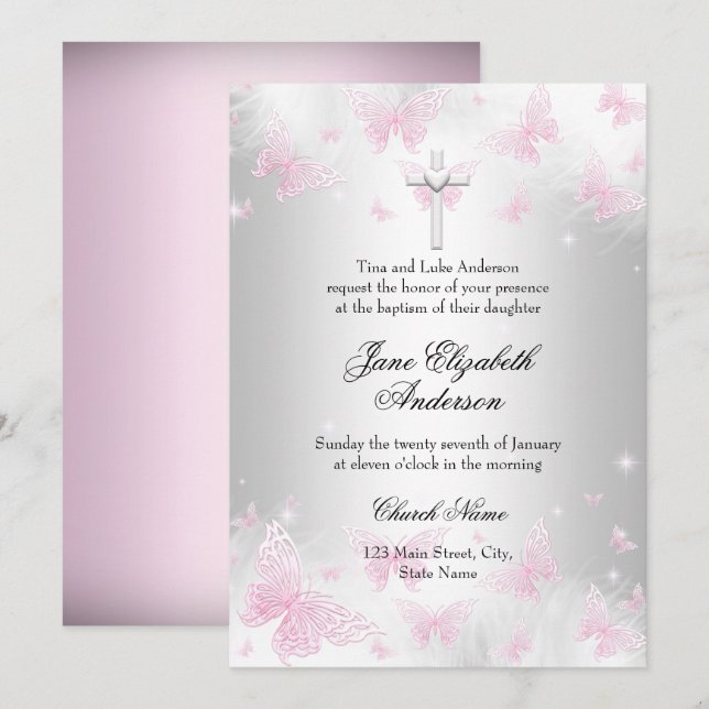 Rosa silverfjäril kors dop inbjudan (Fram/baksida)