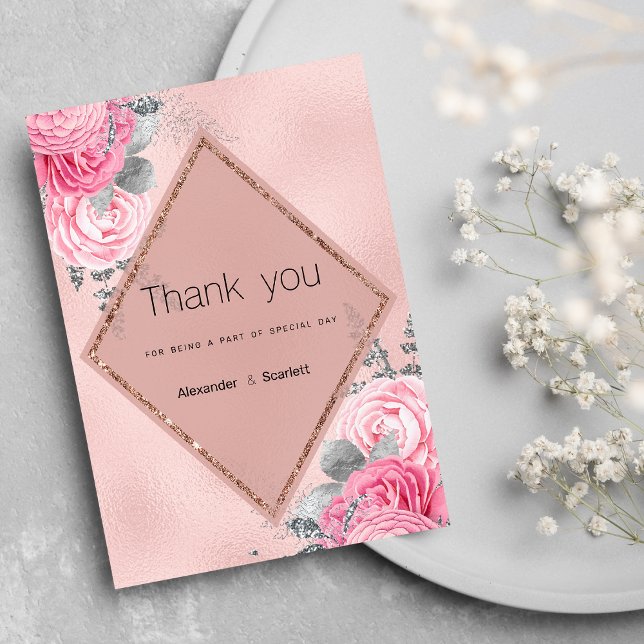 Rosa silverglitterpion floral Tack Inbjudningar (Blush pink silver glitter peony floral Thank You )