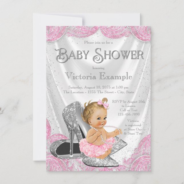 Rosa Silverhögklackad Skor Baby Shower-inbjudninga Inbjudningar (Framsida)
